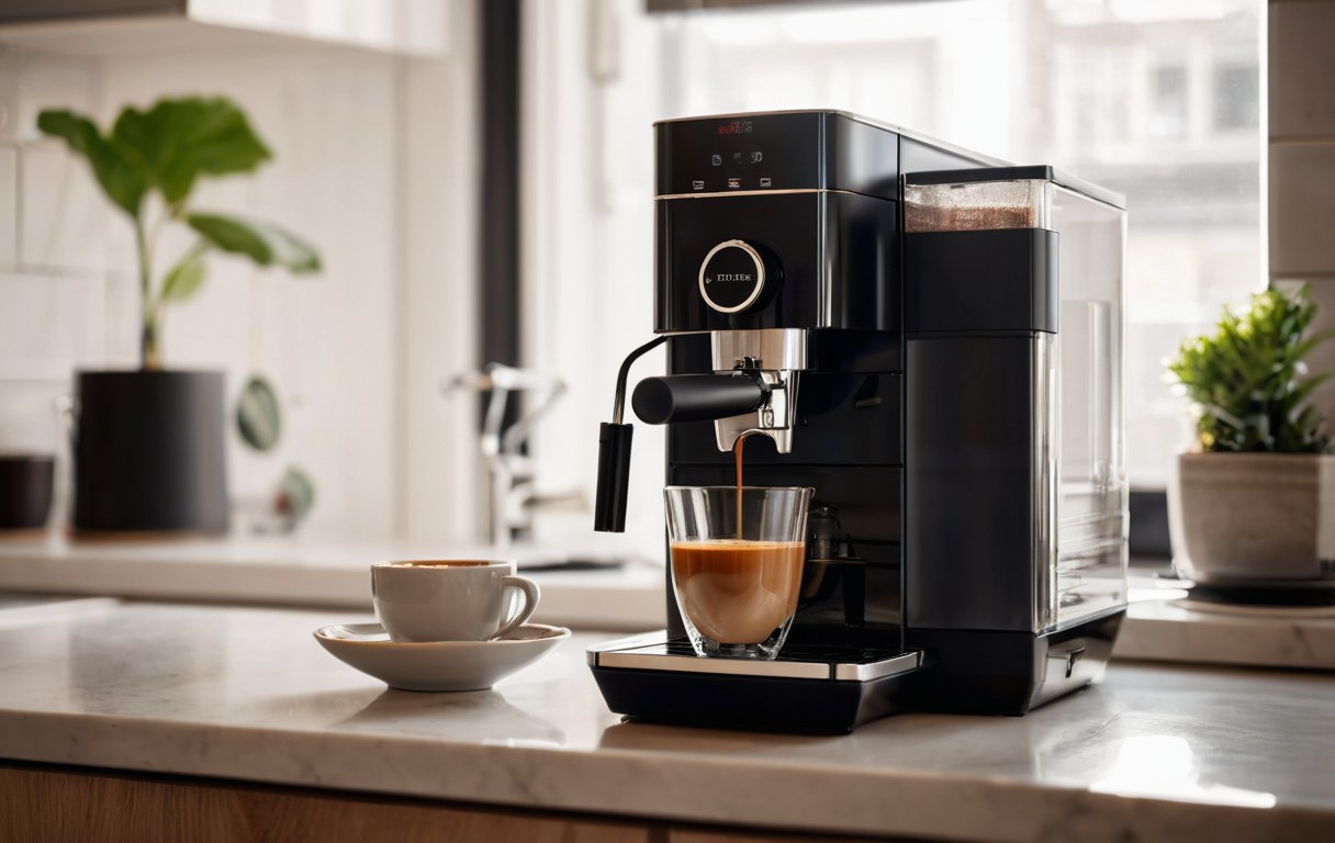 Kompakter Kaffeevollautomat mit Espresso auf der Küchentheke