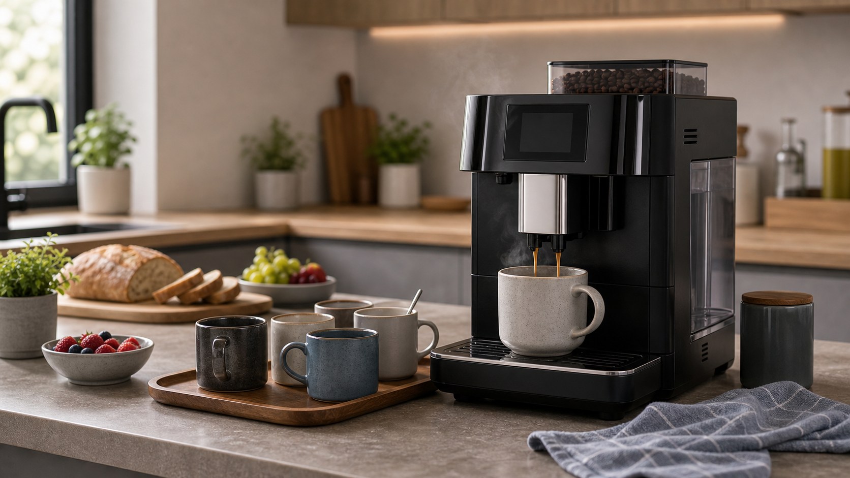 Kaffeevollautomat mit mehreren Tassen in einer Familienküche