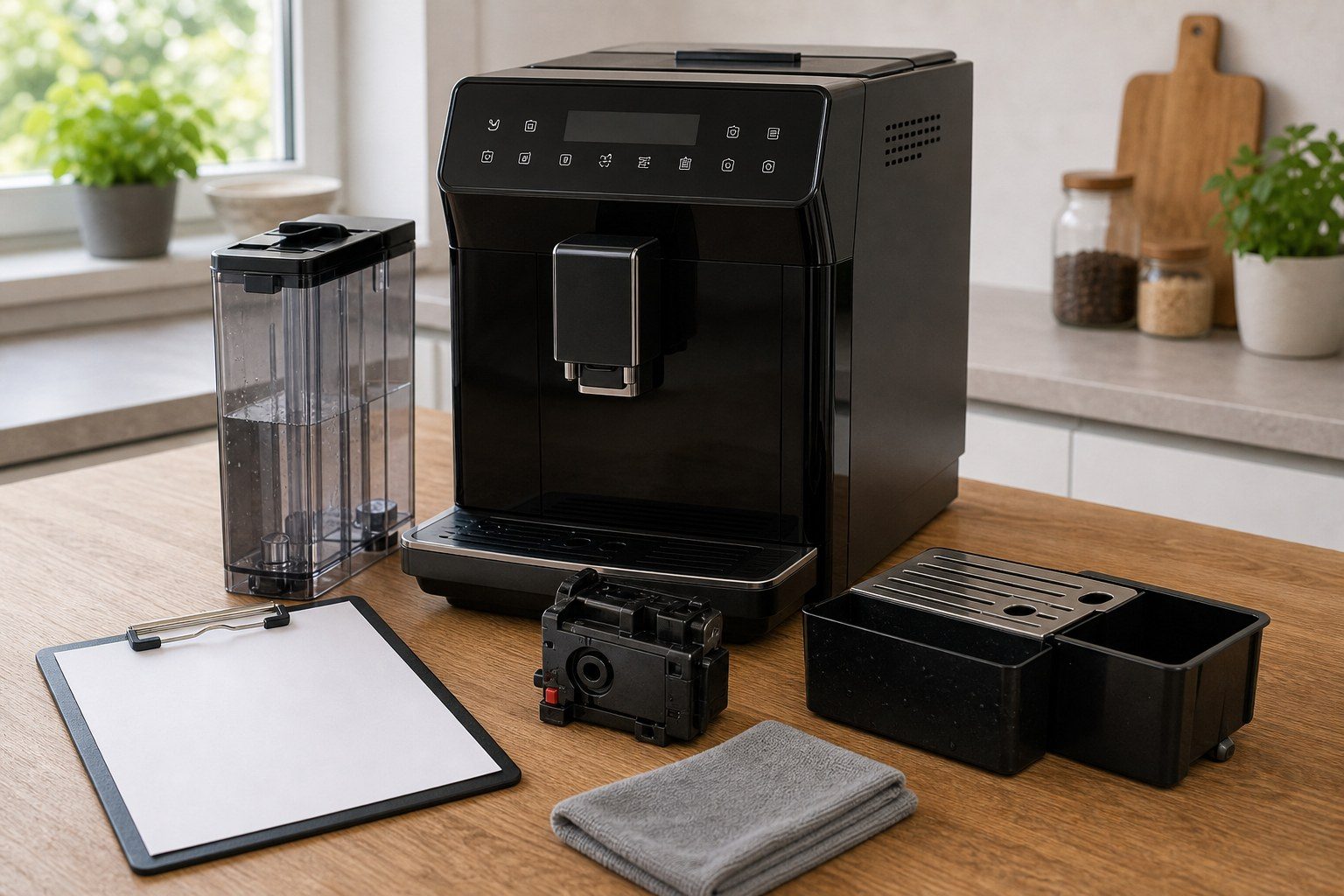 Gebrauchter Kaffeevollautomat mit herausgenommenem Wassertank und Brühgruppe zur Prüfung