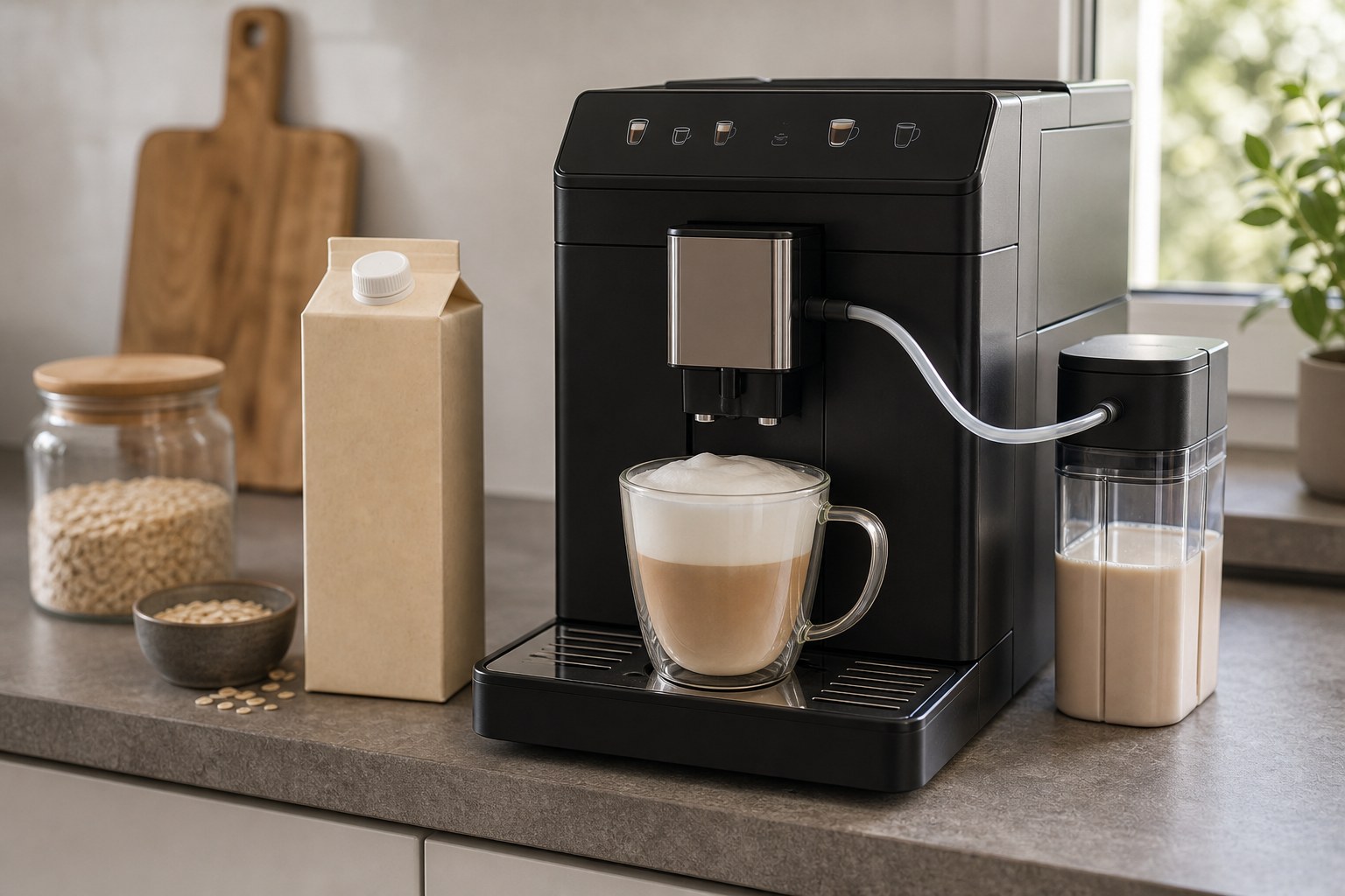 Kaffeevollautomat mit Pflanzendrink und Milchschaum im Glas
