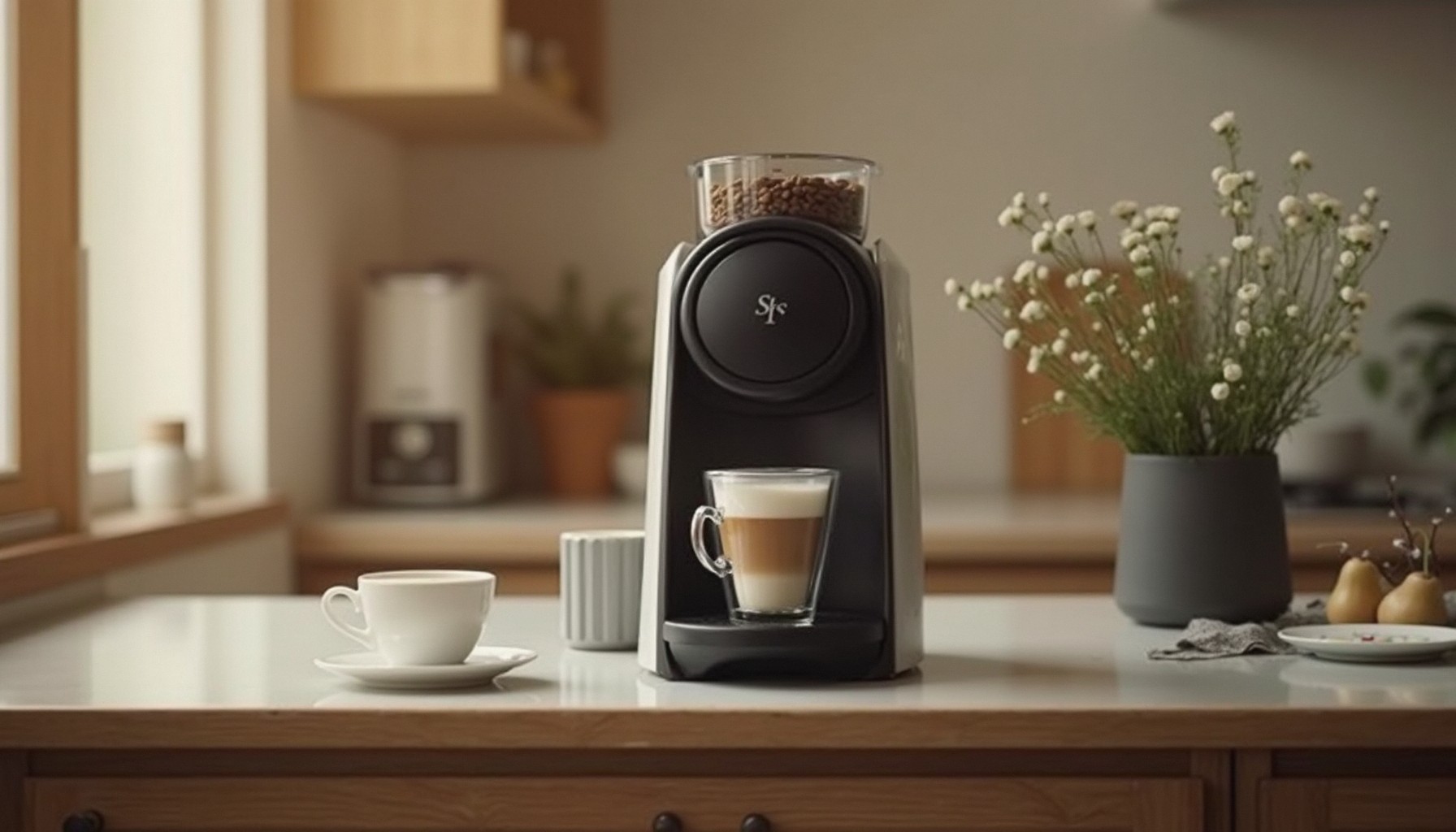 Kaffeevollautomat bereitet Milchkaffee im Glas zu