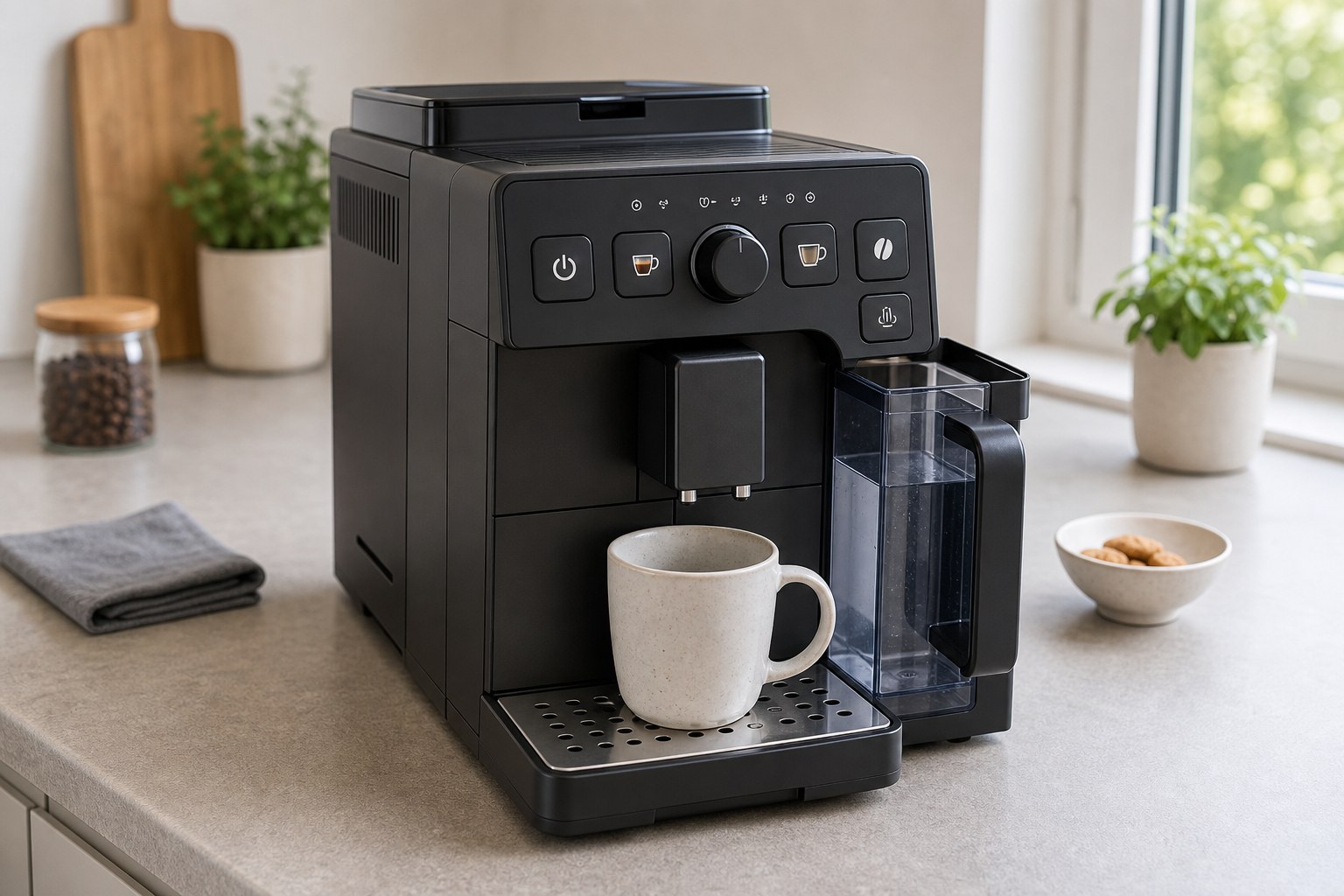 Kaffeevollautomat mit großen Bedienelementen und frontseitigem Wassertank