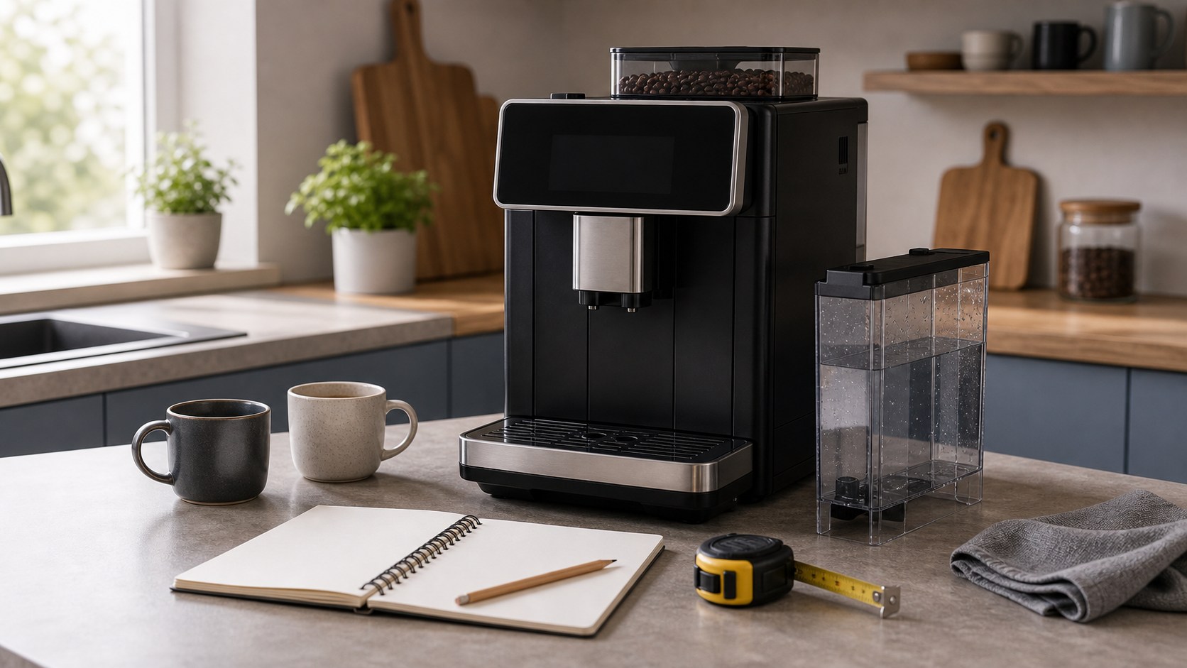 Kaffeevollautomat mit Tassen und Kaufcheckliste auf der Arbeitsplatte