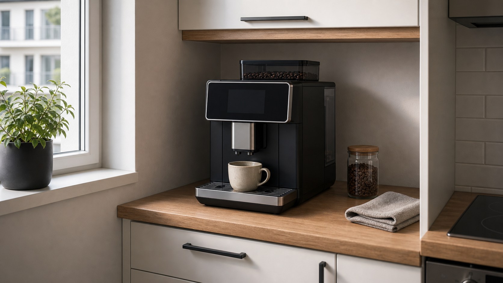 Kaffeevollautomat in kleiner Küche mit wenig Stellfläche und Hängeschrank