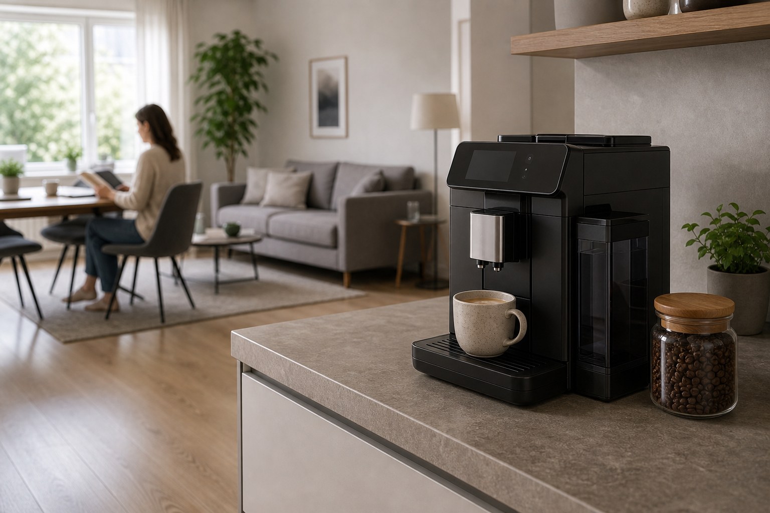 Kaffeevollautomat in offener Wohnküche mit ruhiger Arbeitssituation
