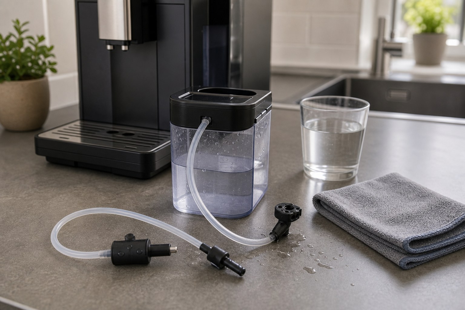 Milchschlauch und Reinigungsbehälter neben einem Kaffeevollautomaten