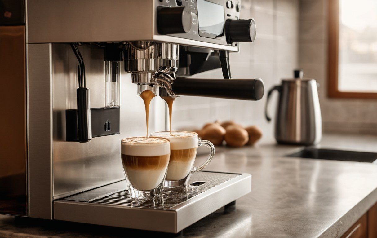 Kaffeevollautomat gießt Cappuccino mit Milchschaum