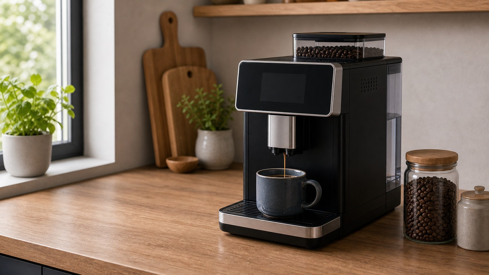 Schlichter Kaffeevollautomat mit schwarzem Kaffee ohne Milchsystem