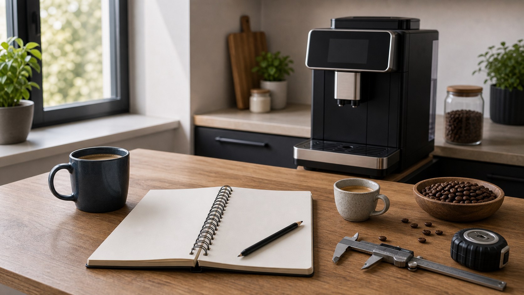 Notizbuch mit Kaffeevollautomaten-Kriterien neben einer Kaffeemaschine