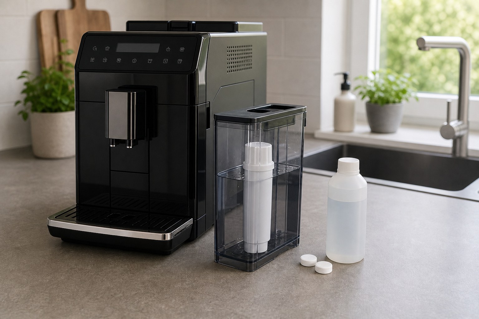 Kaffeevollautomat mit Wassertank, Wasserfilter und Entkalker als Pflegevergleich